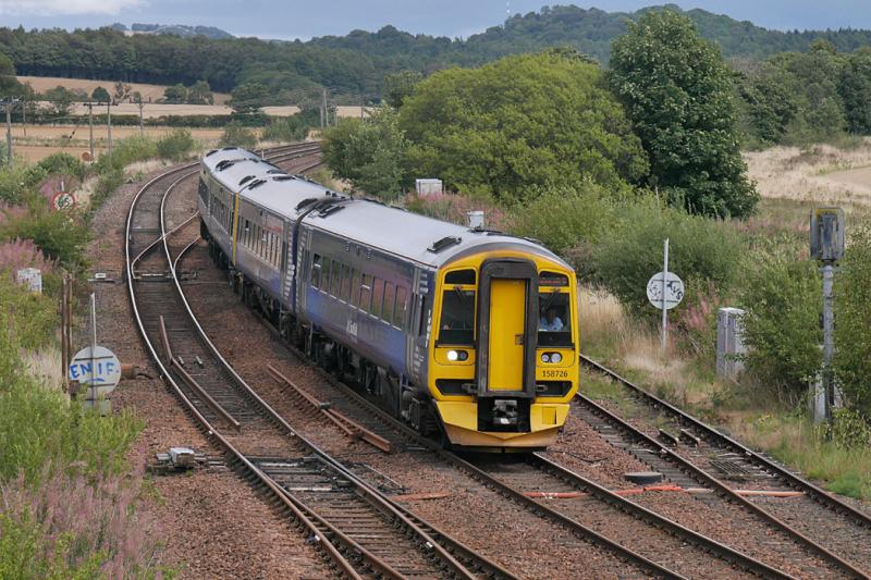 Inverkeithing 158s: 158726 and 158734 pass Inverkeithing East Junction with the 12.11 from Perth to Edinburgh on 24 August 2022. Photo of Inverkeithing 158s