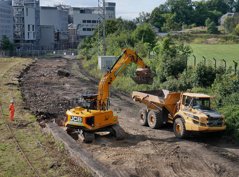 Cameron Bridge going, going: Demolition work nears completion on the passenger island platform. The dumper truck stands on the former Down line. 25 August 2022. Photo of Cameron Bridge going, going