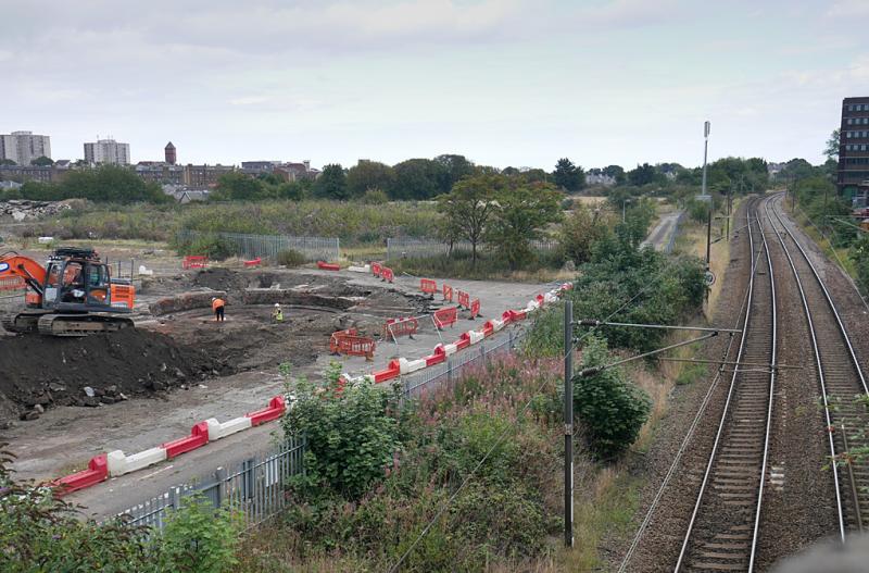 64A remains: A view from London Road of the excavated turntable on the north side of the ECML before the following day's public presentation. 26 August 2022. Photo of 64A remains