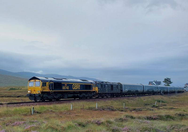Corrour.: 66740 Sarah + 73966 working 1Y11 Caledonian Sleeper 0450
Edinburgh to Fort William, departing Corrour stop.
07.09.2022. Photo of Corrour.
