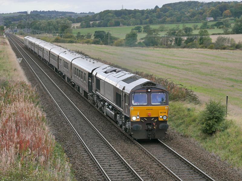 Fife Scotsman: GBRf 66746 nears Dalgety Bay with the Edinburgh - Keith leg of the Royal Scotsman Classic/Whisky tour, on 3 October. Photo of Fife Scotsman