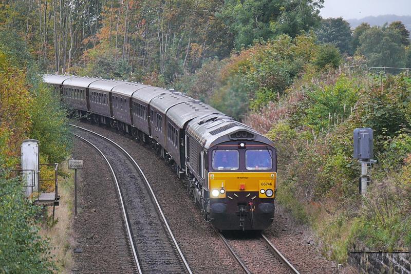 Dalgety Royal Scotsman: 66746 climbs away from Dalgety Bay with the last 'Classic/Whisky' tour of the year, on 9 October. Photo of Dalgety Royal Scotsman