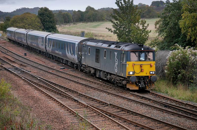 Inverkeithing 73966: 73966 draws out of Inverkeithing UPL with empty sleeper stock from Aberdeen to Polmadie via Edinburgh. The service overnight had been cancelled because of a fault. 19 October. Photo of Inverkeithing 73966
