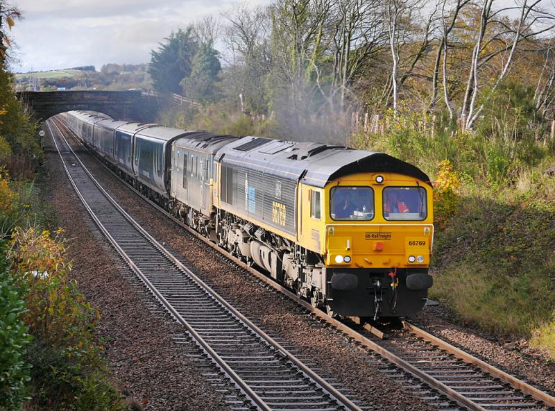 Dalgety sleeper: 66769 and 73969 pass Dalgety Bay with the diverted 5Z16 Polmadie - Inverness empty sleeper on 6 November. Photo of Dalgety sleeper