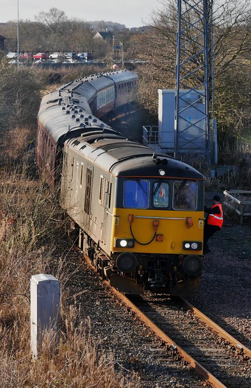 Inverkeithing trainer: 73970 awaits time on the Inverkeithing North/East chord on a training run with SRPS stock. It made two circuits of Fife, from and to Bo'ness on 1 February.
Photo of Inverkeithing trainer