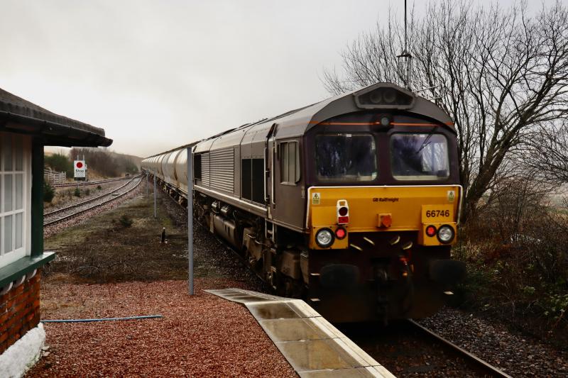 GBRf 66746 at Tail of Today's Alcan to N Blyth: Having failed last night on yesterday's Alcan to Fort William it was tagged onto today's Alcan heading for N Blyth. Taken as it departed Bridge of Orchy late. Photo of GBRf 66746 at Tail of Today's Alcan to N Blyth