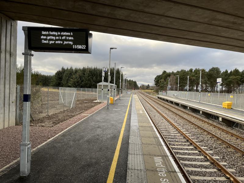 Inverness Airport Station - Shelter Position on Platform 2: Looking west whilst standing on platform 2. Stop Boards are at end of platforms. Photo of Inverness Airport Station - Shelter Position on Platform 2