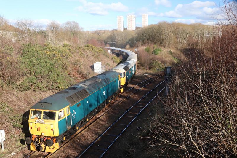 47614 and 47593 at Cowlairs North Jnc.: 47 614 and 47 593 Galloway Princess at Cowlairs North Jnc. on 1Z37 0556 Stevenage to Fort William on the 5th March 2022. Photo of 47614 and 47593 at Cowlairs North Jnc.
