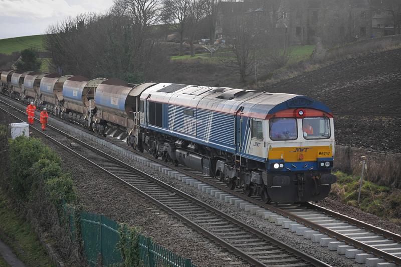 Seafield 66: 66747 draws a ballast train over newly laid track near the former connection to Seafield Colliery, south of Kirkcaldy. 19 February. Photo of Seafield 66