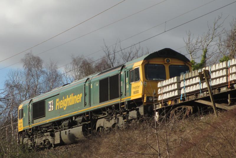 66593 6K06 Paisley 25.2.23: Fl 66593 with consist of concrete sleepers parked just ahead of Colas 70812 Paisley 25.2.23 Photo of 66593 6K06 Paisley 25.2.23