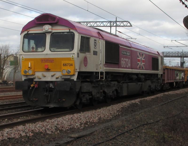 66734 on 6K08 Elderslie 25.2.23: GBRf 66734 Platinum Jubilee with consist parked opposite W H Malcom's yard Elderslie 25.2.23 Photo of 66734 on 6K08 Elderslie 25.2.23