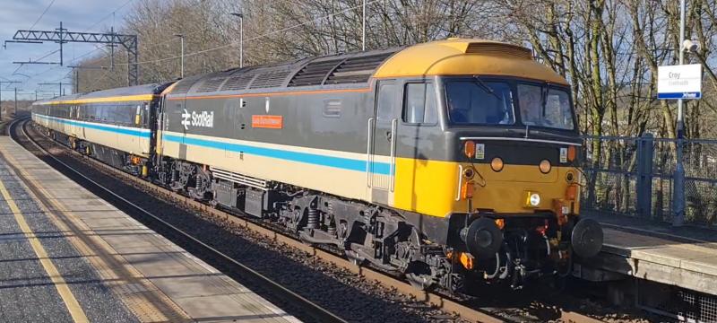 ScotRail 80s Revival : 47712 thunders through Croy with 1Z13 , 10:00 Glasgow Queen Street > Edinburgh Waverley , Saturday 25th February , 2023 . Photo of ScotRail 80s Revival