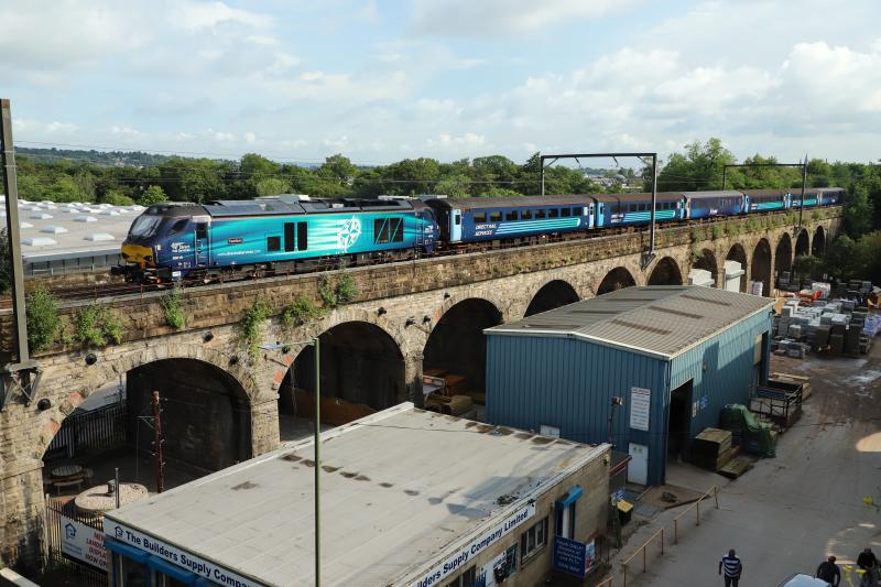 68 016 Fearless at Slateford viaduct.: 68 016 Fearless passing over Water of Leith
(Slateford) viaduct on 5K19 0848 Edinburgh W. to Motherwell TMD on July 18th 2019. Photo of 68 016 Fearless at Slateford viaduct.