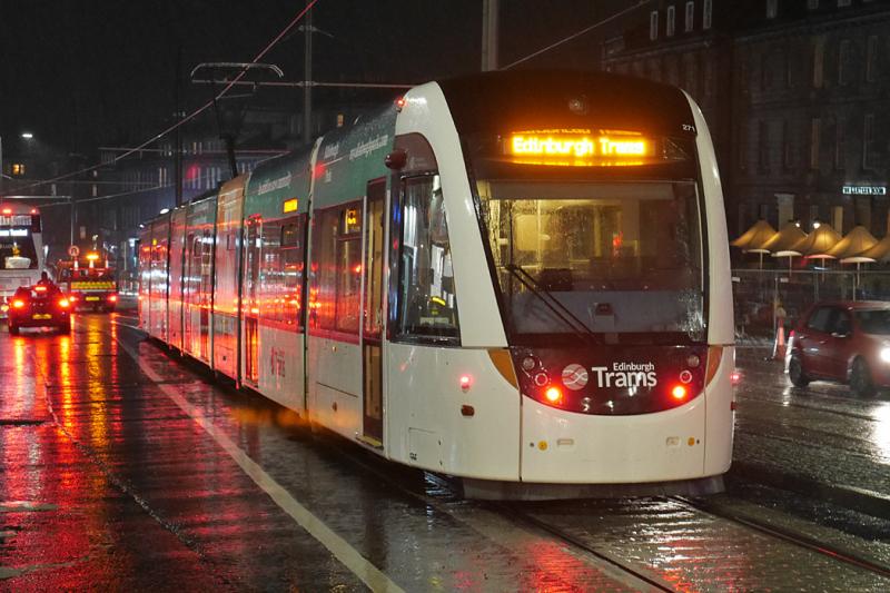 Tram 271: Tram 271 heads for Leith and Newhaven with a test run at walking pace on 15 March. Photo of Tram 271