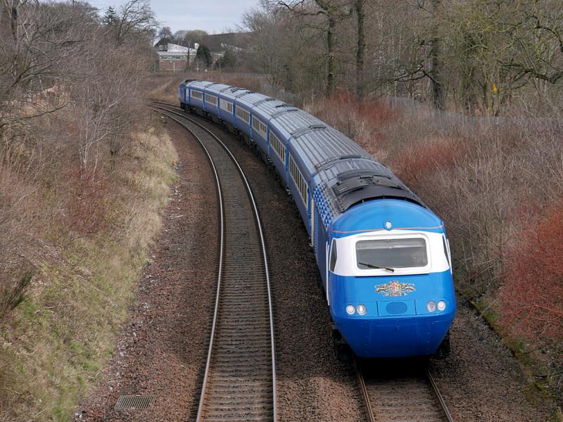 Dalgety Pullman: LSL's Blue Pullman descends towards Dalgety Bay with a Dundee - Crewe empty working on 26 March. Photo of Dalgety Pullman