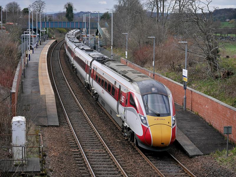 Dalgety Azuma: Azuma 800111 runs through Dalgety Bay with the 10.00 from Kings Cross to Aberdeen on 26 March. Photo of Dalgety Azuma