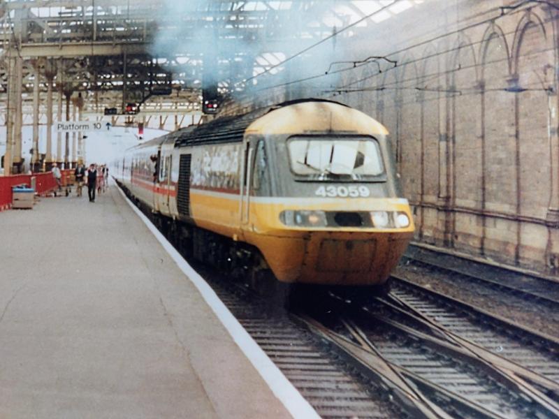 Before Blue Pullman: 43059 departing the then Platform 10 at Waverley, heading the 11.48 Edinburgh to Plymouth, 12.07.1991. Second BR InterCity livery style. Now one of LSL Midland Pullman power units. Photo of Before Blue Pullman