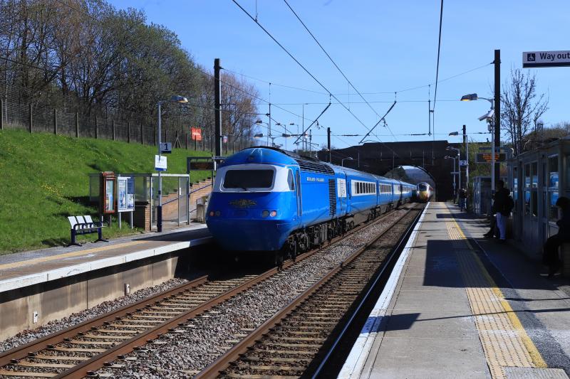 Blue Pullman: 43046 + 43055 on 1Z28 08.22 Inverness to Upperby Jct passing Musselburgh on 03/04/2023. 3rd time lucky for Sun Class 801 approaching at speed Photo of Blue Pullman