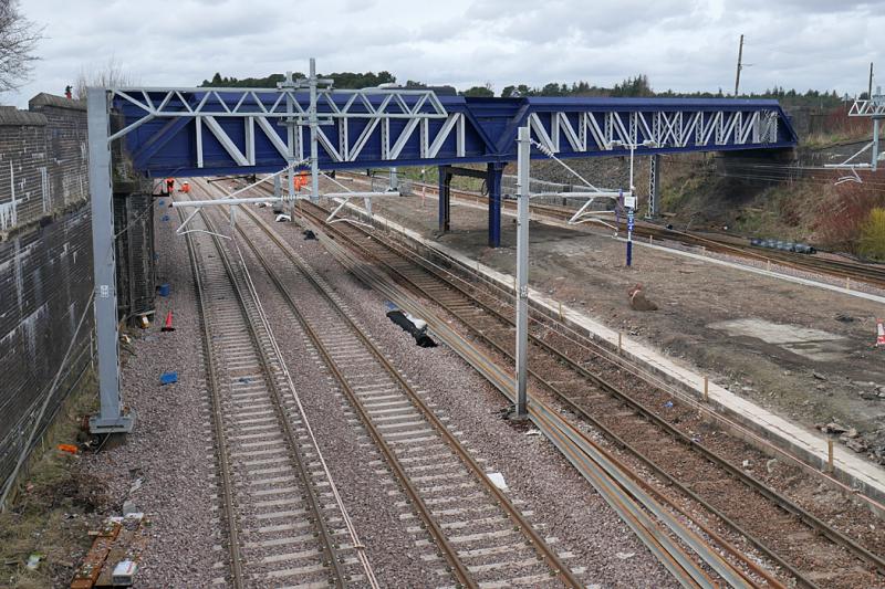 Carstairs Renewals: Looking north from the station footbridge with the new Down and Up lines on the left. 11 April Photo of Carstairs Renewals