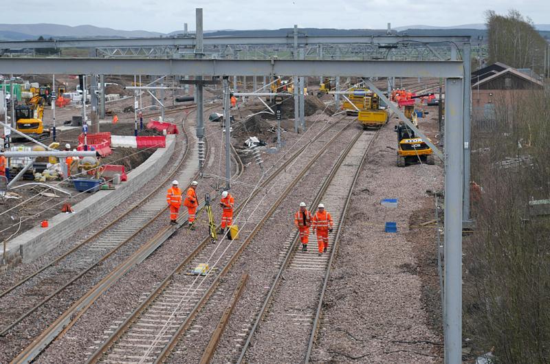 Carstairs alterations: Looking south from the station footbridge with the new Up and Down lines on the right. Note the platform alteration.
11 April Photo of Carstairs alterations