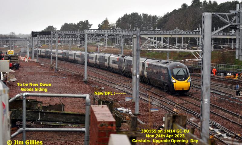 390155 at Carstairs Junction Reopening on 1M14 : 390155 Passes through Carstairs Junction & the sleet on 1M14 GC-EU slowly under a TSR.on the day of the reopening of the Junction Remodeling Mon 24th Apr 2023 Photo of 390155 at Carstairs Junction Reopening on 1M14
