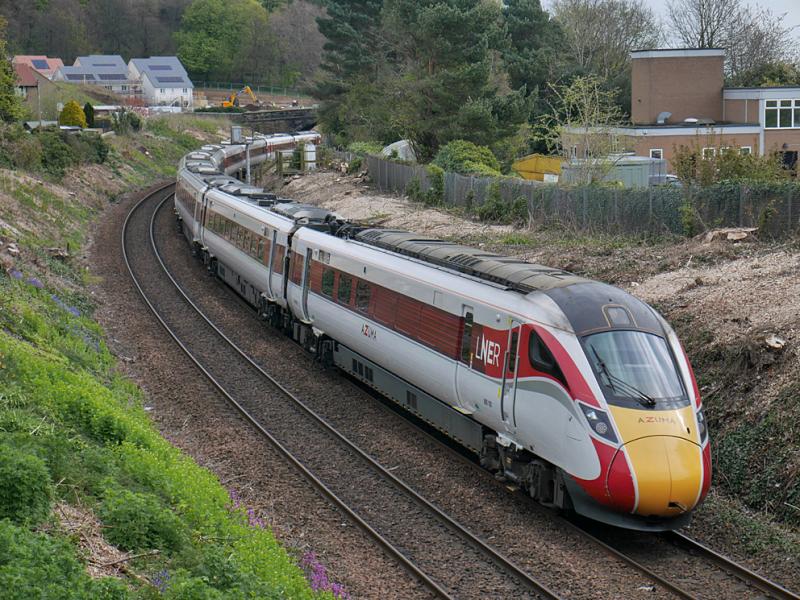 Aberdour Azuma: Azuma 800105 approaches Aberdour with the 09.52 from Aberdeen to Kings Cross on 26 April. Photo of Aberdour Azuma