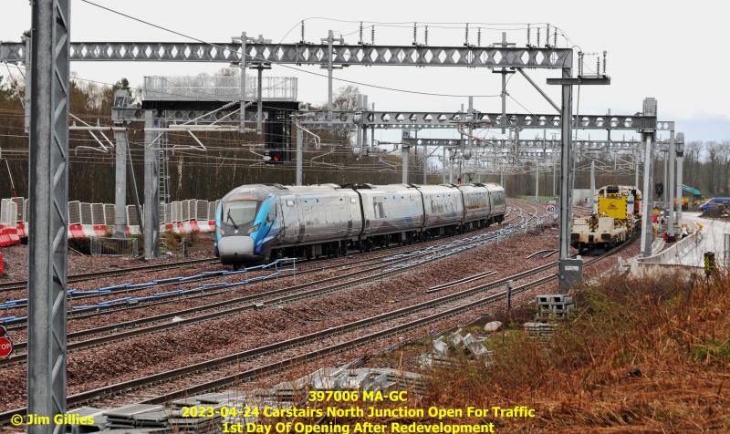 Catstairs North Junction 397006: 397006 takes the curve at Carstairs North Junction on the Opening Day of Completion of Massive Upgrade of the Whole Junction 2023-04-24 Photo of Catstairs North Junction 397006