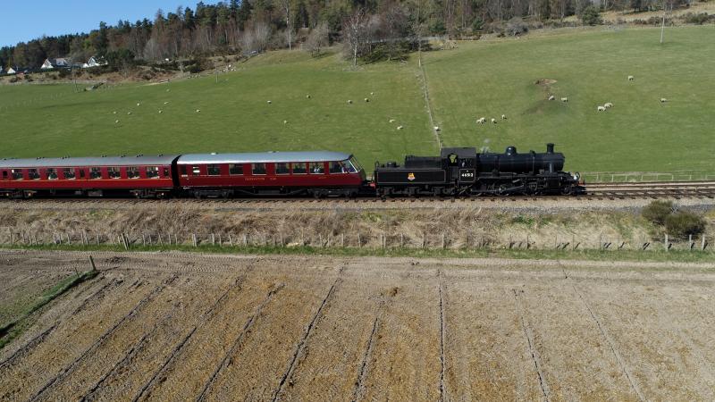 Strathspey Railway: A view of the recently arrived observation car and 46512 at Broomhill. Photo of Strathspey Railway