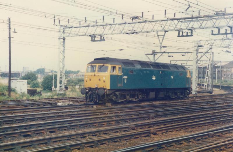 A wandering Scottie Dog: 47610 passes Stratford station, a long way from home (12.07.85) Photo of A wandering Scottie Dog