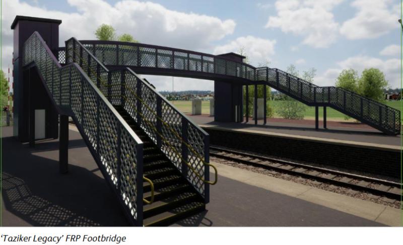 Taziker Legacy Vision Fibre Reinforced Polymer lattice footbridge concept : Taziker Legacy Vision Fibre Reinforced Polymer lattice footbridge concept stair end. Photo of Taziker Legacy Vision Fibre Reinforced Polymer lattice footbridge concept