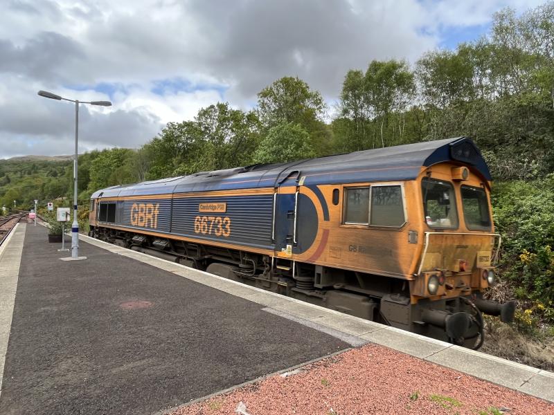 GBRf 66733 (Cambridge PSB) @ Garelochhead: A pretty grubby 66733 heading for Fort William this afternoon to do the Alcan run to Blyth tomorrow. Caught as it passed through Garelochhead having started at Mossend. Photo of GBRf 66733 (Cambridge PSB) @ Garelochhead