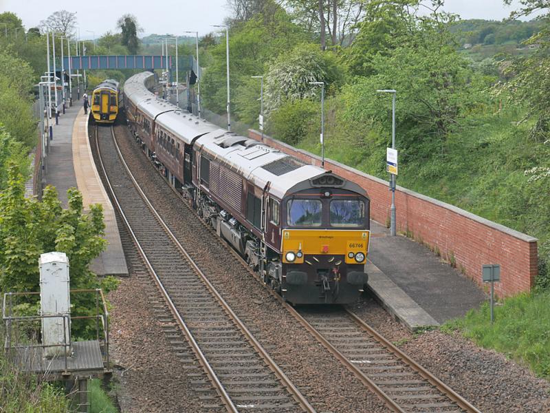 Dalgety Bay Royal Scotsman: 66746 passes Dalgety Bay with the Royal Scotsman from Edinburgh to Boat of Garten on 17 May. Photo of Dalgety Bay Royal Scotsman
