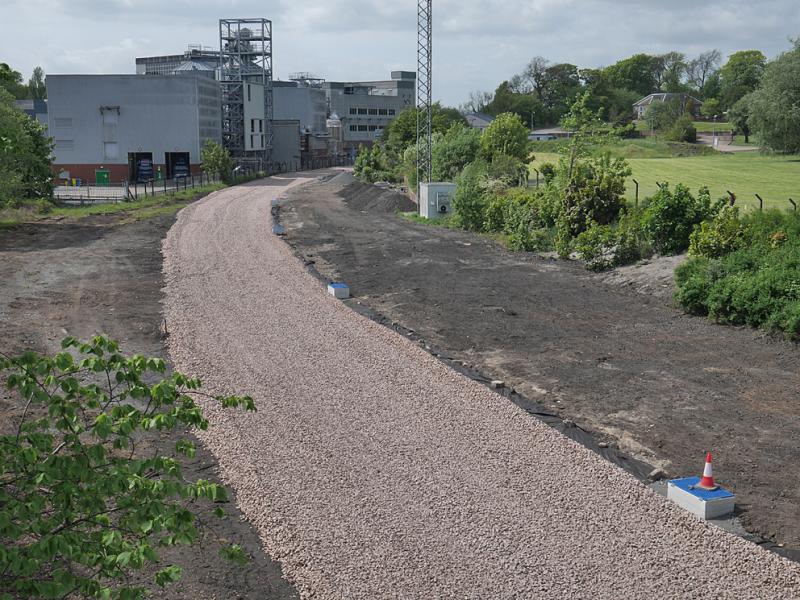 Cameron Bridge ballast: Looking west over the former Cameron Bridge station and yard with new ballast laid. 19 May. Photo of Cameron Bridge ballast