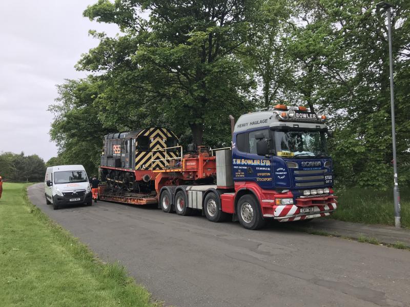 08480 Craigentinny 25/05/23: 08480 being delivered to Craigentinny depot on a TW Bowler low loader on 25/05/23. The location is Stanley Street close to the wheel lathe entrance. Photo of 08480 Craigentinny 25/05/23