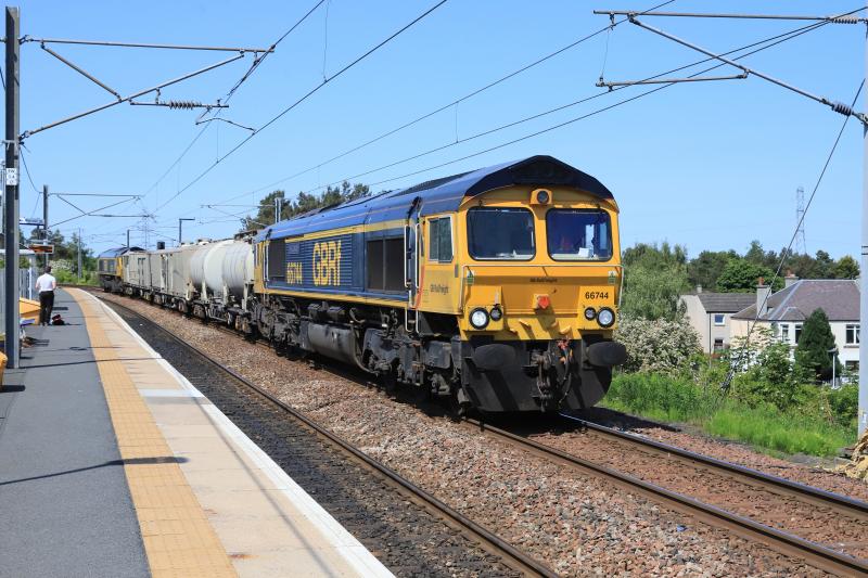 3Q99 returning South: 66744 leading 66738 on 3Q99 13.50 Slateford Depot to Carlisle Upperby C.E. Siding passing Newcraighall on 03/06/2023 Photo of 3Q99 returning South