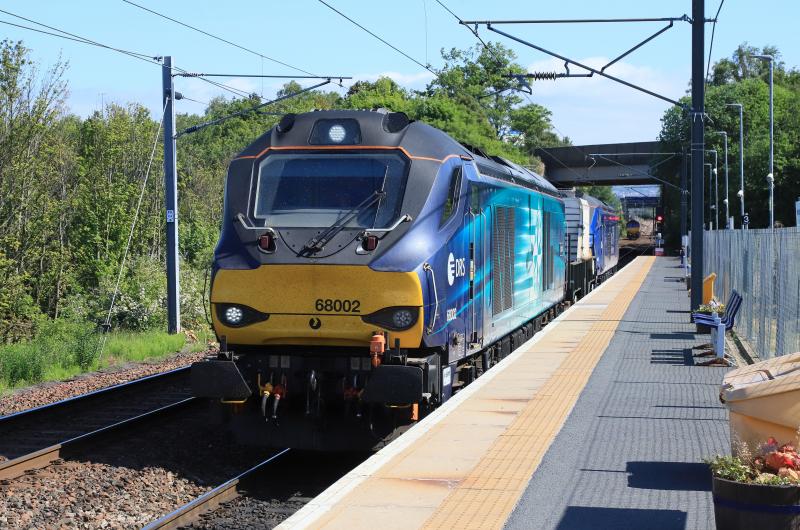 6M50: 68002 topn tail with 68007 on 6M50 14.54 Torness Power Stn to Carlisle passing through Newcraighall on 07/06/2023 Photo of 6M50