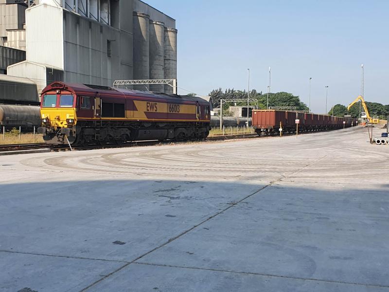 Oxwellmains Coal Trial: DB cargo 66013 sits at Oxwellmains with a rake of MEA wagons before working the empties south on 6Z70 OXwellmains - Tees. This was the first trial run to move coal to site by rail Photo of Oxwellmains Coal Trial