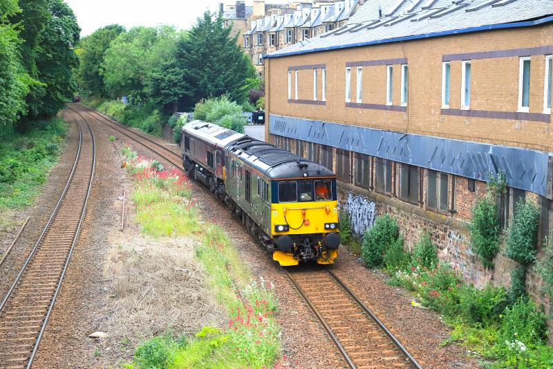 0Z92: 73969 with 66746 on 0Z92 12.30 Polmadie CAR Md to Craigentinny T & RSMD passing the site of Newington Station on 19/06/2023 Photo of 0Z92