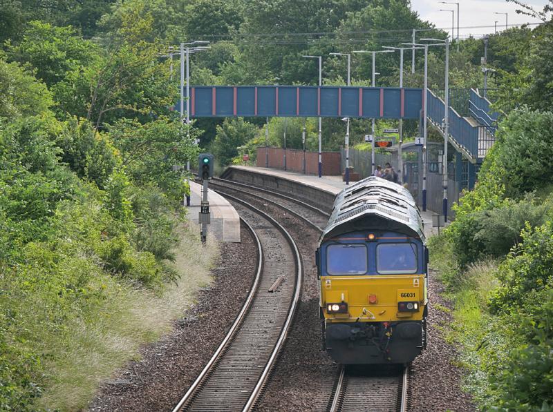 Bay 66s: DRS 66031 and 66122 run through Dalgety Bay with a Thornton Yard - Motherwell TMD movement having been on engineers duties on the Levenmouth branch.
1 July Photo of Bay 66s