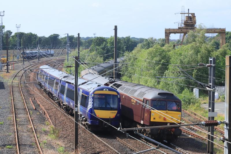 5Z49 & 2T79: 47812 with 60103 on the UP Line at Portobello Jct on 5Z49 15.19 Edinburgh to Joppa Straight on 01/07/2023. The train did not follow the timing on RTT. 170402 passed 60103 so both trains were going in the same direction Photo of 5Z49 & 2T79