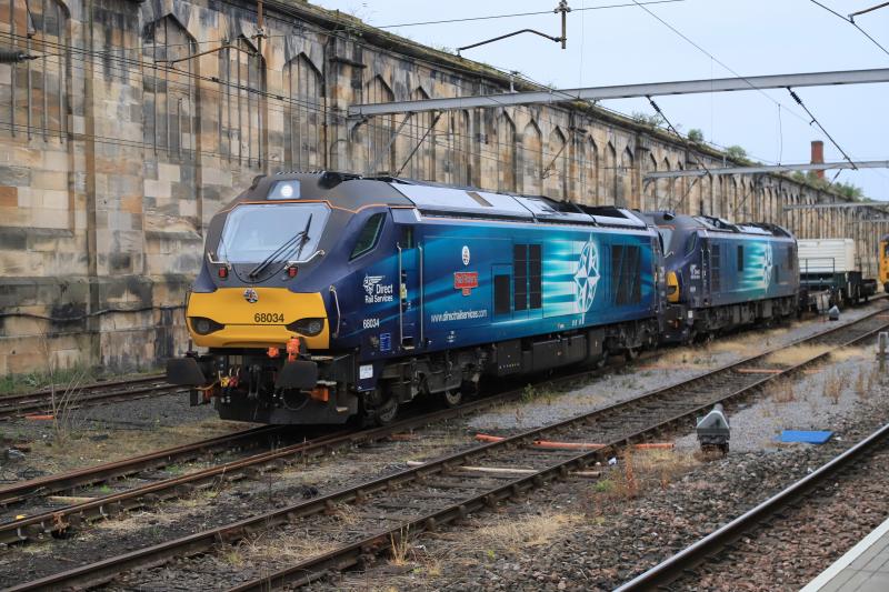 6C98: 68034 with 88009 on 6C98 08.47 Carlisle Kingmoor to Sellafield with the Barriers & Flask from Georgemas Jct passing through Citadel Station on 30/06/2023. 68018 left at Kingmoor Photo of 6C98