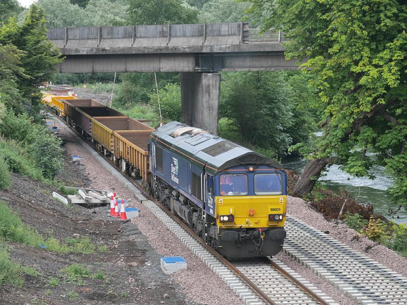 Cameron Bridge 66031: 66031 draws the empty concrete sleeper train towards Cameron Bridge old station site. 7 July. Photo of Cameron Bridge 66031