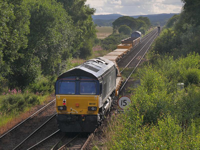 Thornton 66s: 66122 brings up the rear of the empty concrete sleeper train returning from the Levenmouth branch to Thornton Yard with 66031 leading at Thornton West Junction. 13 July Photo of Thornton 66s