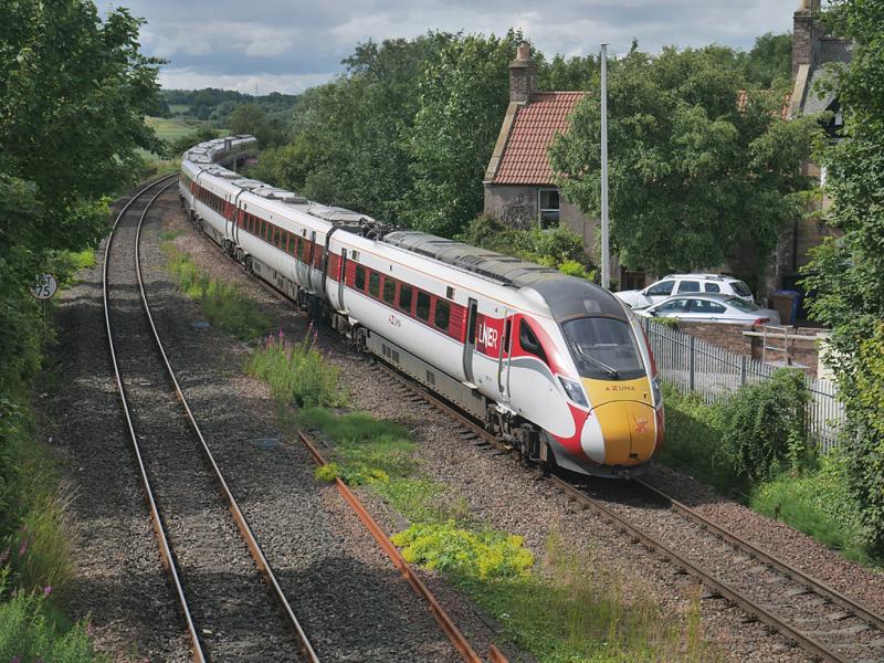 Cupar Azuma: Azuma 800104 enters Cupar with the 07.08 from Leeds to Aberdeen on 15 July. Photo of Cupar Azuma