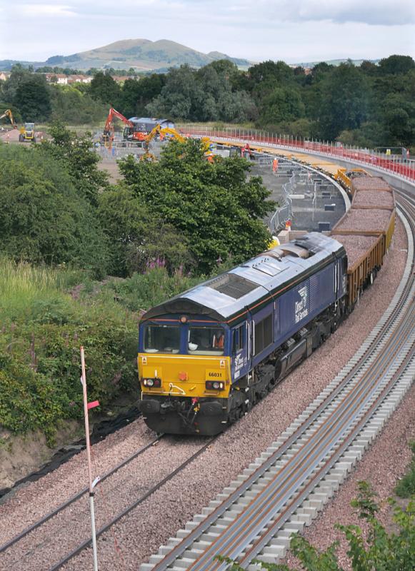 Cameron Bridge 66: 66031 draws the empty concrete sleeper train through the new Cameron Bridge station with 66122 on the rear. 21 July Photo of Cameron Bridge 66
