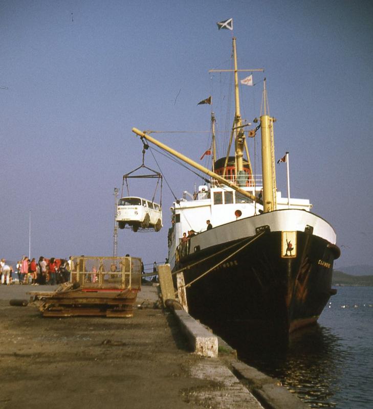 Claymore at Lochboisdale: MV Claymore unloading a campervan at Lochboisdale, 15 August 1973 Photo of Claymore at Lochboisdale