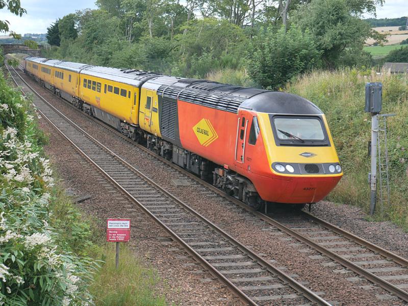 Dalgety NMT: 43277 leads the New Measurement Train through Dalgety Bay on 15 August, heading for Aberdeen, then Slateford Depot. Photo of Dalgety NMT