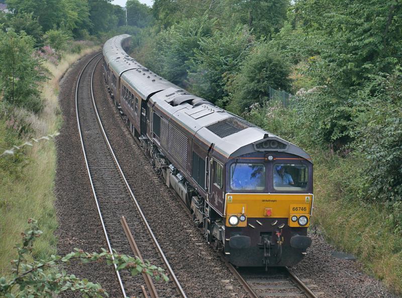 Dalgety Royal: GBRf 66746 climbs away from Dalgety Bay with the 'Royal Scotsman' from Edinburgh to Boat of Garten on 16 August. Photo of Dalgety Royal