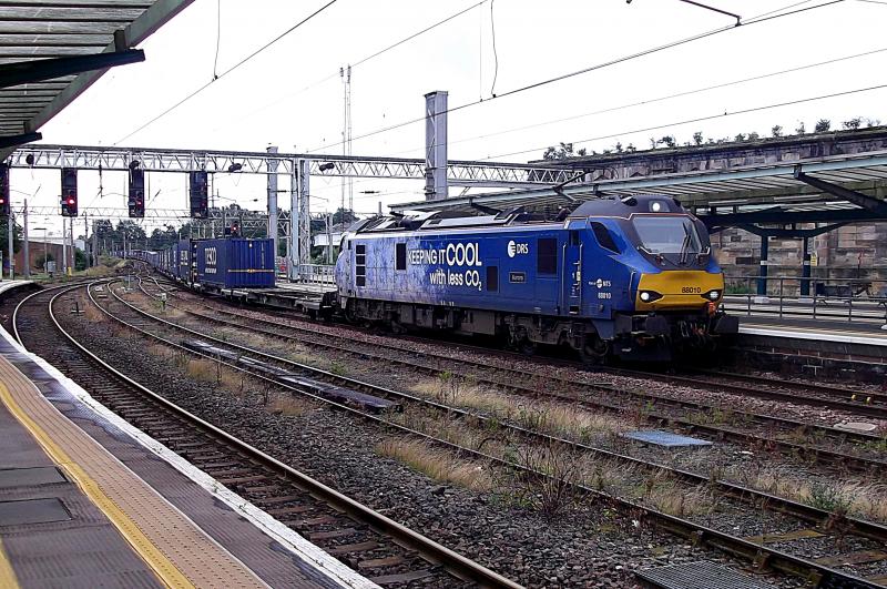 88010 at Carlisle: Wearing the latest Refrigerated Rail DRS Livery, 88010 Aurora arrives at Carlisle with the Tesco Intermodal service from Daventry to Mossend on 12th August 2023. Photo of 88010 at Carlisle