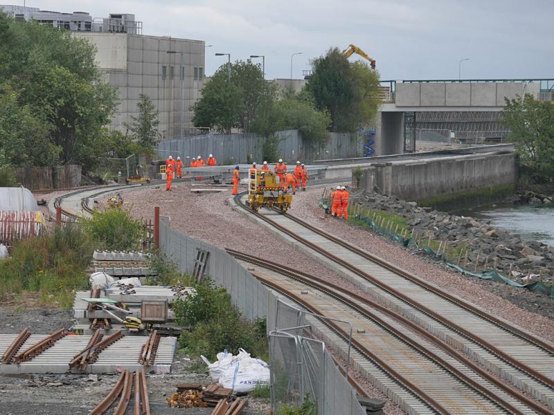 Levenmouth nearly there: Looking east to Levenmouth Station with track laid just short of the platform and unconnected track beyond. The crossover awaits installation. 18 August Photo of Levenmouth nearly there